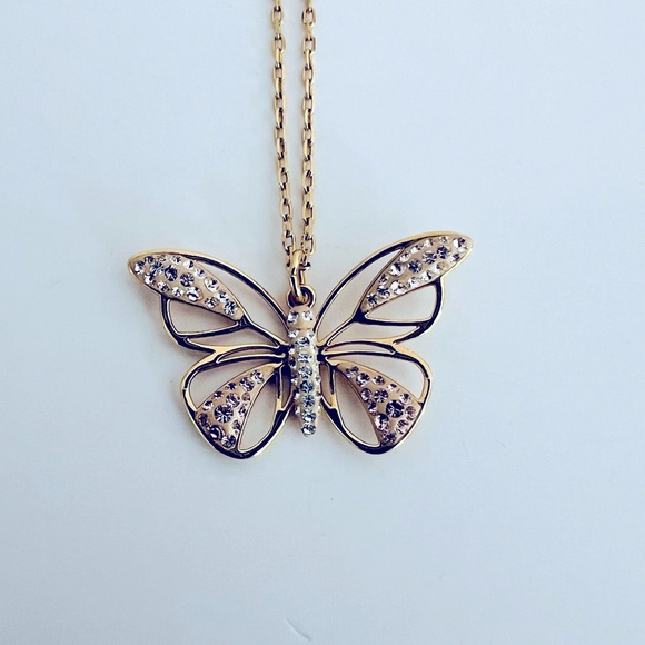 Swarovski Gold Tone White & Pink Crystals Butterfly Necklace - Picture 2 of 8